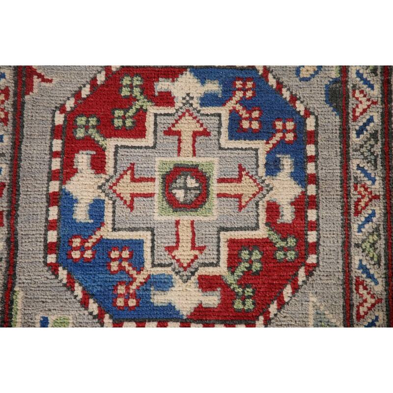 Grey Kazak Runner Rug Handmade Geometric Wool Carpet - 2'9" x 13'5"
