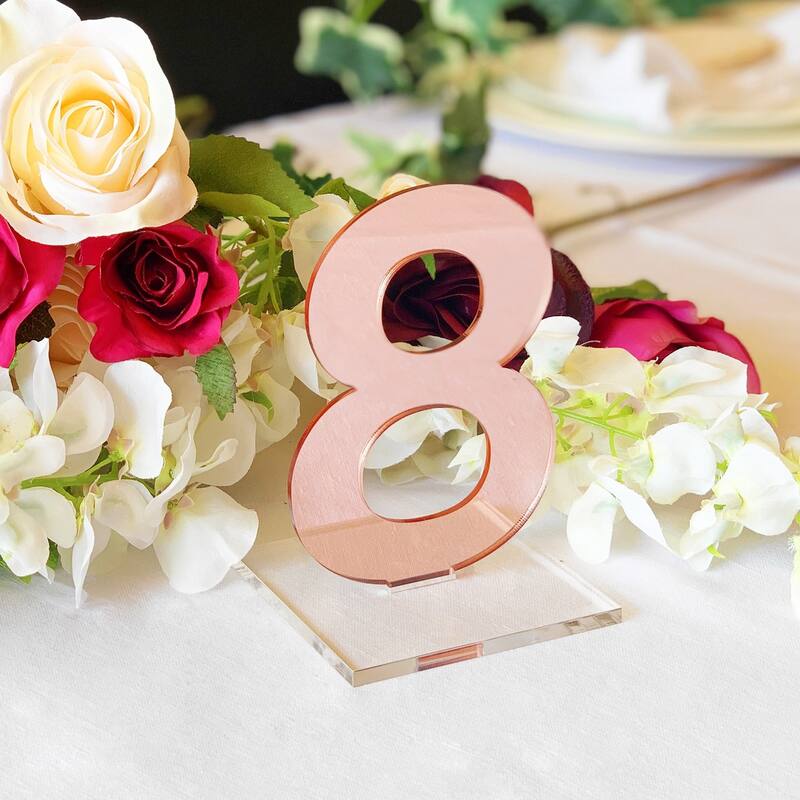 OnDisplay Luxe Laser Cut Mirrored Acrylic Wedding/Party/Event Table Numbers - 5" Tall Modern Thick Mirror Set - Rose Gold - Numbers 11-15