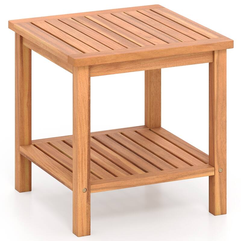 Gymax 2-Tier Patio Acacia Wood Side Table w/Slatted Tabletop Storage