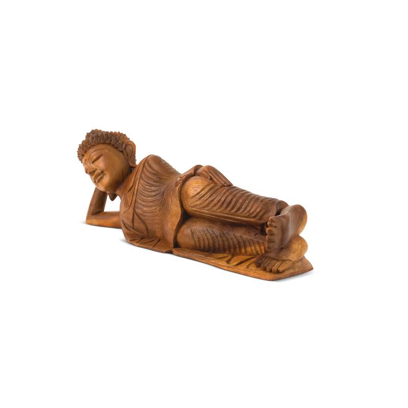 Wooden Hand Carved Serene Reclining Buddha Statue Sculpture Handmade Figurine Decorative Home Decor Accent Handcrafted