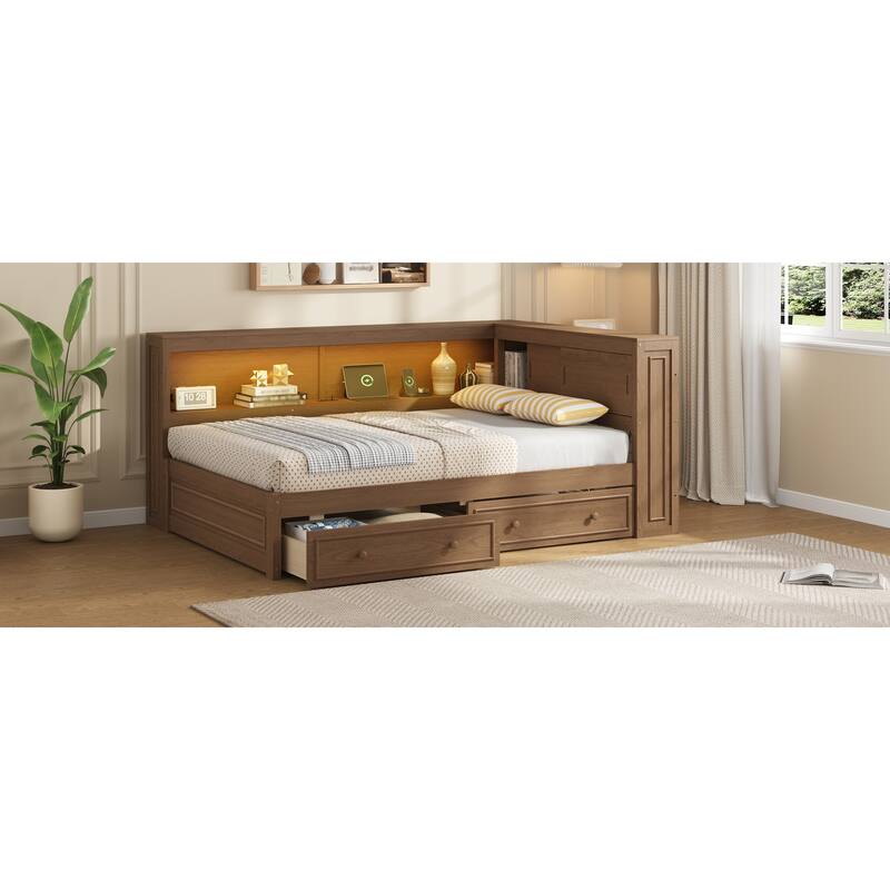 Full Size Wood Daybed with Storage Shelves, USB, LED, and 2 Drawers