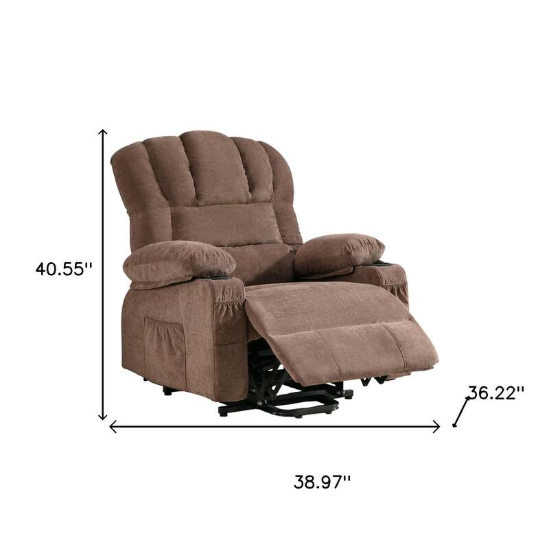 HomeRoots 39" Brown Faux Leather Heated Massage Lift Assist Recliner With USB