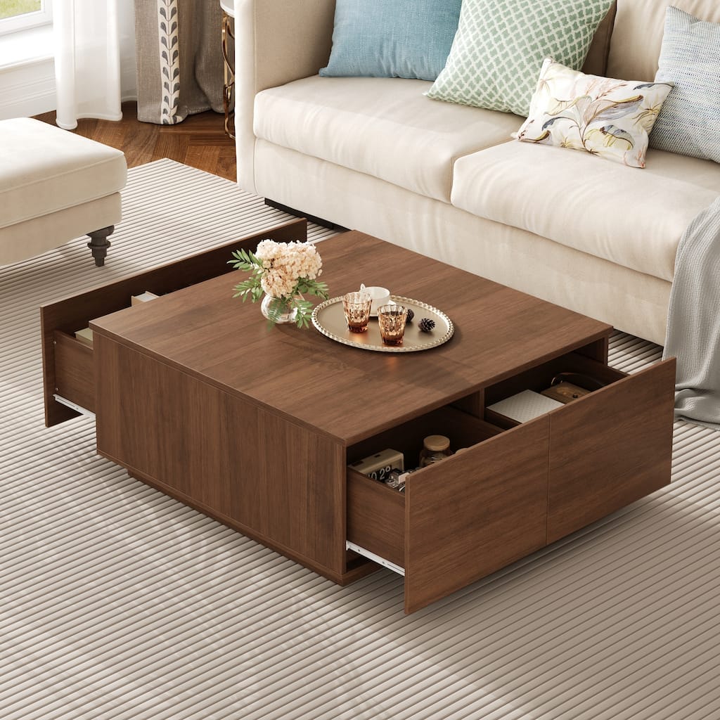 Square Coffee Table Modern Center Table with 4 Drawers, Cocktail Table Walnut End Table for Living Room