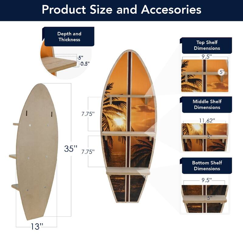 American Art Decor Surfboard Wall Shelf Coastal Beach Themed Decorative Wall Art Storage for Home or Office
