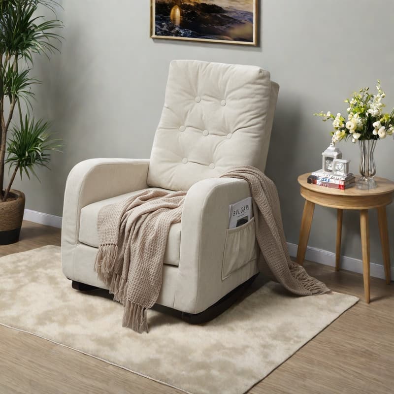 Metal Frame Japanese Rocking Chairs with High Back Support and Side Pockets - Beige