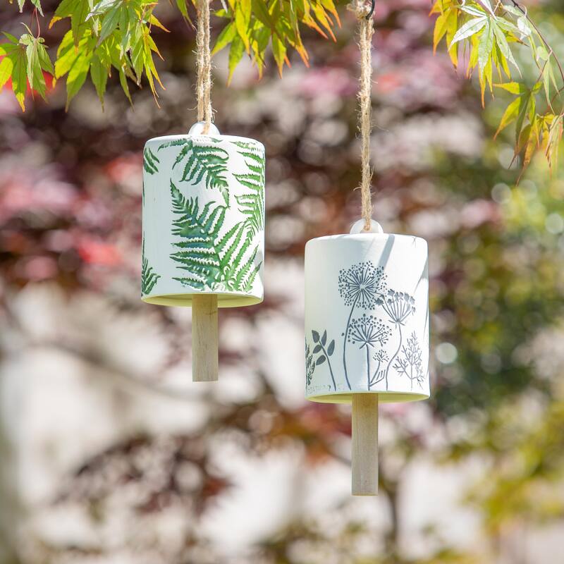 6 in. Dandelion and Fern Leaves Ceramic Garden Bell with Rope, Set of 2