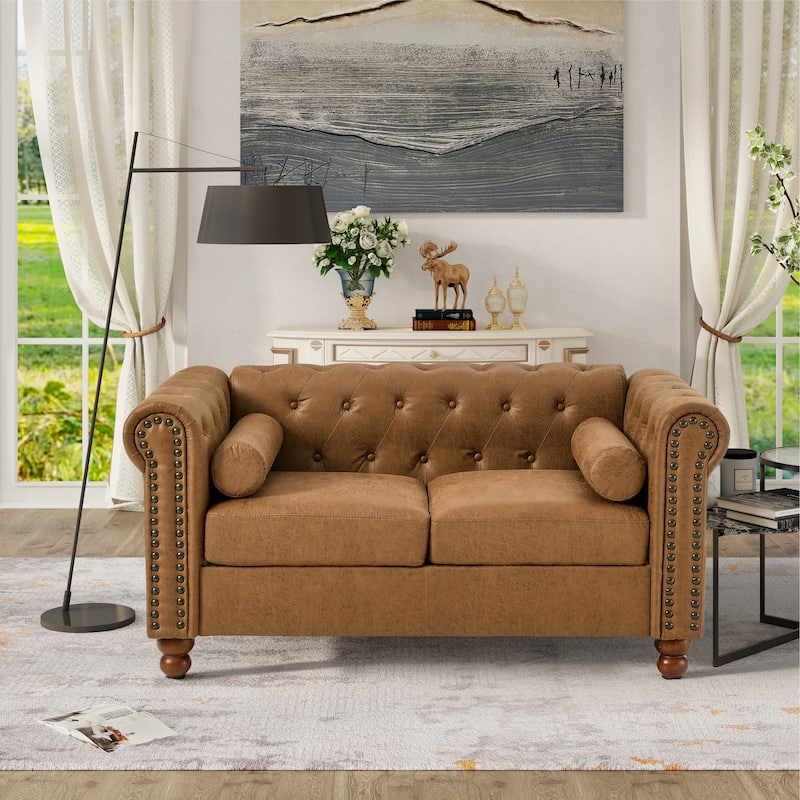 Brown 55'' Fabric 2-Seater Sofa with Tufted Backrest, Headrests, and Sturdy Wooden Legs - Brown+2 Seat