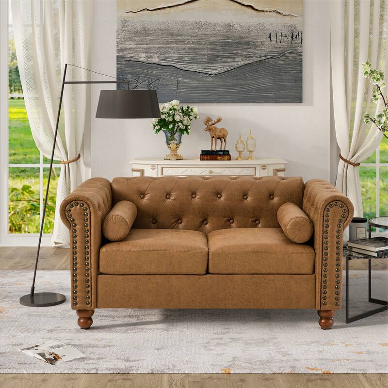 Brown 55'' Fabric Upholstered 2-Seater Chesterfield Sofa with Tufted Back and 2 Headrests - Brown+2 Seat