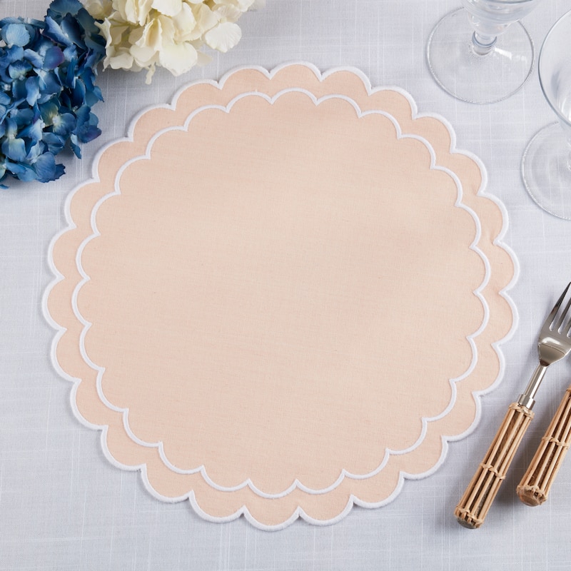 Scalloped Cotton Placemats (Set of 4) - Layered Wavy Edge Round Table Placemats for Dining, Entertaining & Everyday Table, 15"