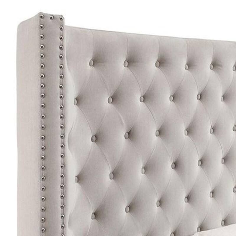 Rozy King Bed, Wingback Tall Headboard, Nailhead Trim, Ivory Upholstery