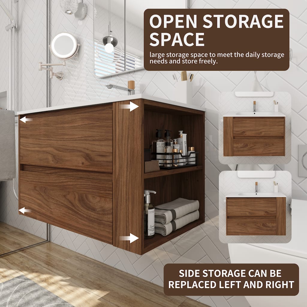 29.7-Inch Double Drawer Bathroom Vanity with Adjustable Side Shelf, Gel Basin, Soft-Close Drawers - 29.7in L Plywood