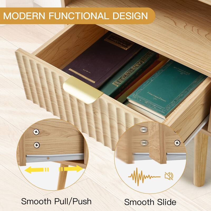 Modern Fluted Nightstand Set of 2 with USB Charging Station, Drawer and Open Storage Shelf