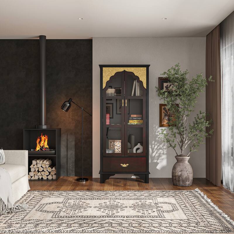 Boho Wood & MDF Display Cabinet with Tempered Glass Doors, Carved Arch Frame & Metal Handle Drawer