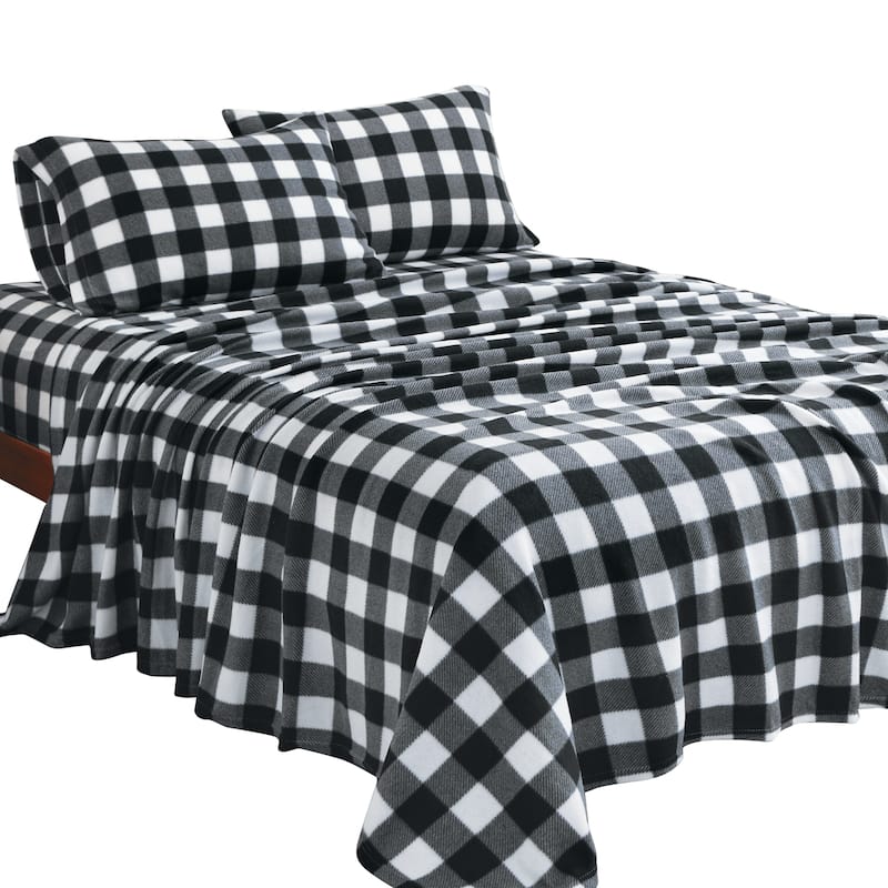 Black & White Buffalo Plaid Bedding Fleece 4-Piece Sheet Set