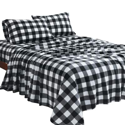 Black & White Buffalo Plaid Bedding Fleece 4-Piece Sheet Set
