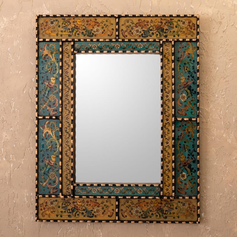 Novica Handmade Golden Blue Elegance Reverse Painted Glass Wall Mirror