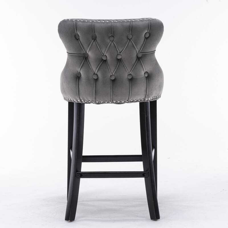 Velvet Wingback Bar Stools Set of 2, Button Tufted Dining Chairs with Footrest, Upholstered Counter Stools with Wooden Legs