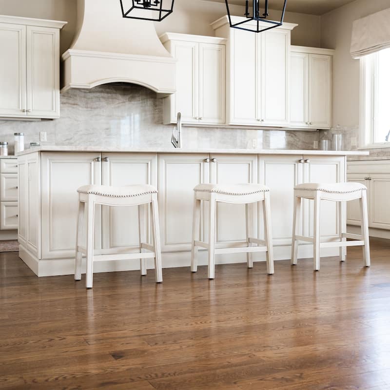 Maven Lane Adrien Backless Saddle Kitchen Counter Stool in Walnut Finish w/ Grey Fabric Upholstery
