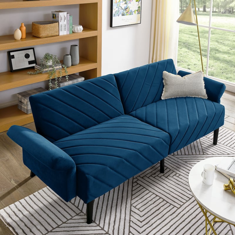 Folding Velvet Futon Sofa Bed with Adjustable Armrests for Apartments