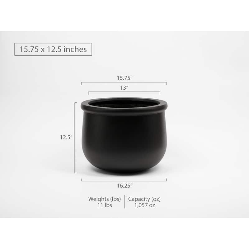 Indoor/Outdoor Large 1-piece Nordic Minimalist Fiberstone Lightweight Round Planter Pot - 16, 10 inch Matte Finish - 12.5 In. H x 15.75 In. W x 15.75 In. L - Black
