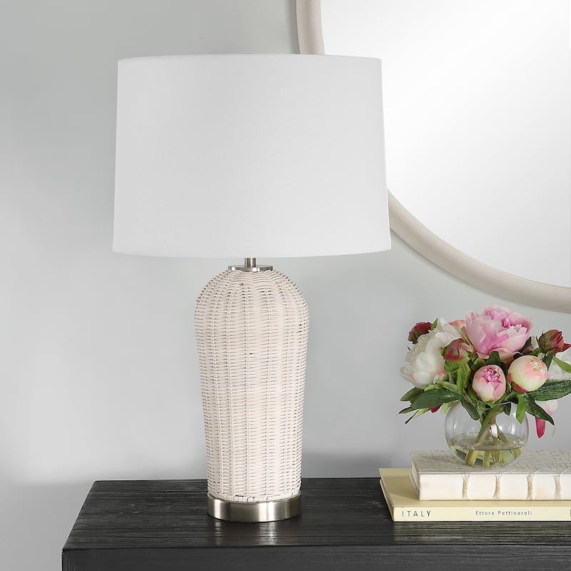 The Gray Barn White Woven Rattan Table Lamp with Nickel Accents