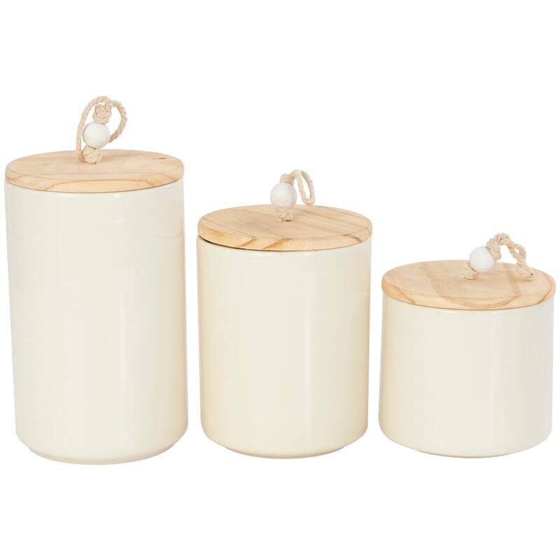 Cream or Blue Ceramic Canisters with Brown Wood Lids and Beaded Accents (Set of 3)