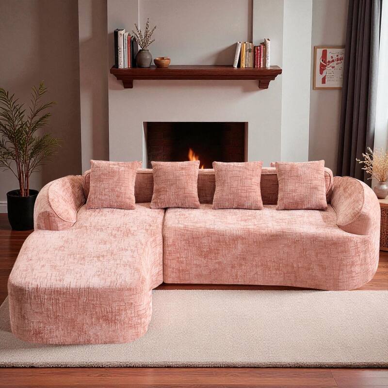 Chenille L-Shaped Compressed Sofa, 4-Seat Sectional Couch with Curved Armrests, High-Elastic Sponge & 4 Throw Pillows - Pink