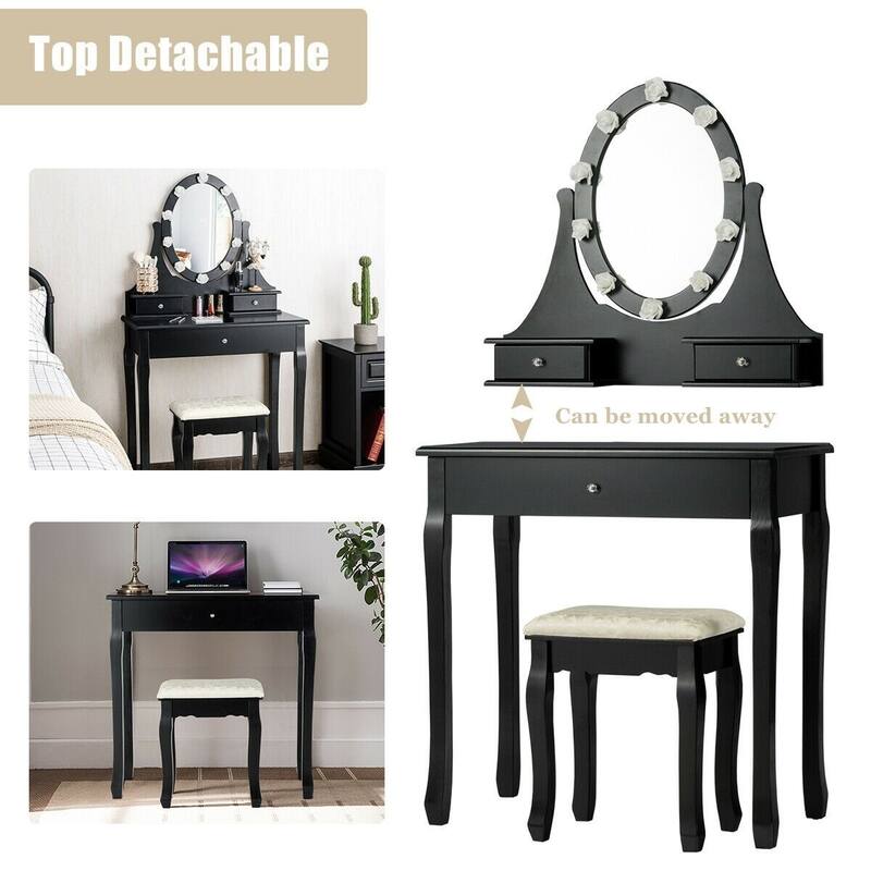 5 Drawers Vanity Table Stool Set with 12-LED Bulbs - 31.5" x 16" x 55" (L x W x H)