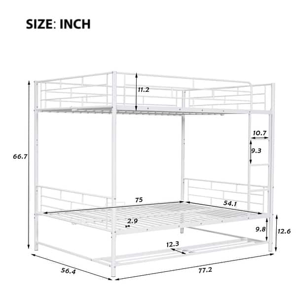 dimension image slide 0 of 2, Full Over Full Metal Bunk Bed with Shelf & Guardrails - Sleek and Functional