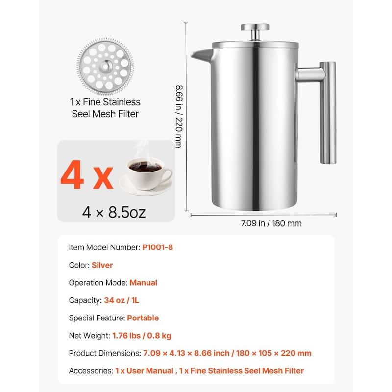 Silver Stainless Steel French Press Coffee Maker Portable
