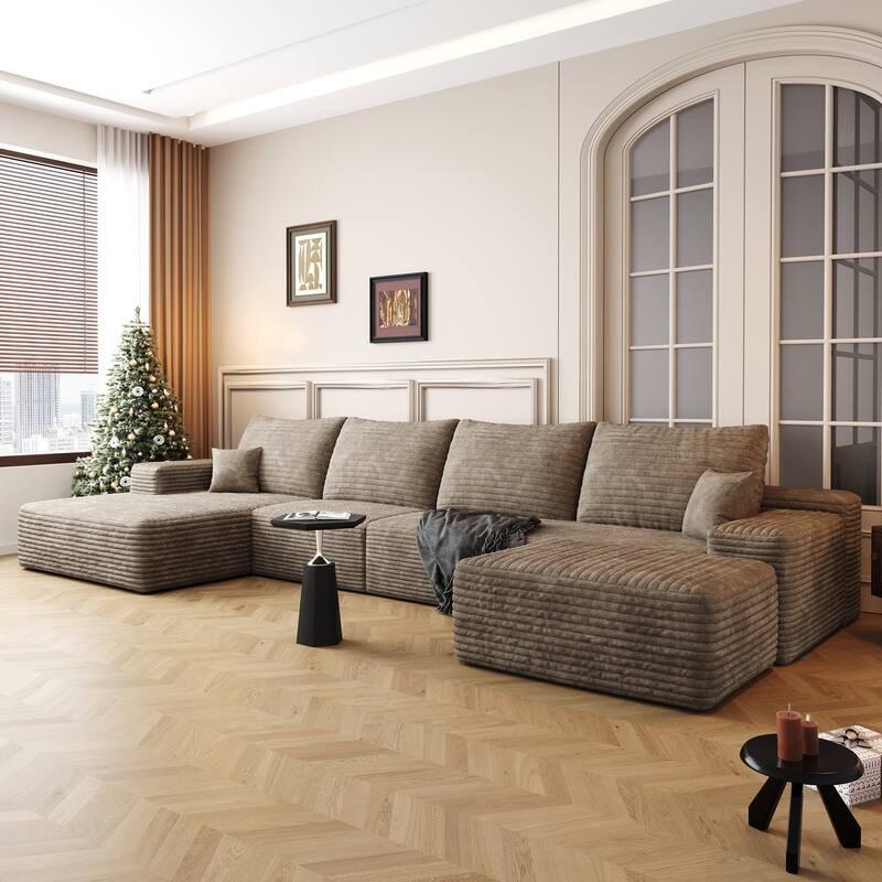Corduroy Upholstered U-shaped Sectional Sofa with Chaise and Ottoman
