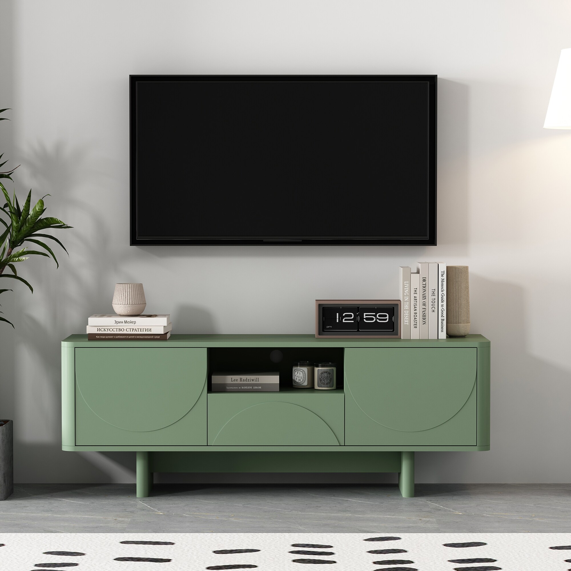 59 Inch TV Stand Sage Green Finish Media Storage Console
