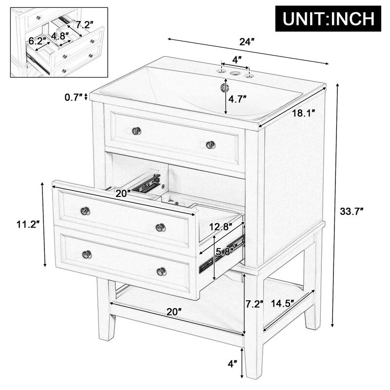 Roomfitters 24" Bathroom Vanity with Sink Storage Cabinet with Drawer and Open Shelf Solid Wood Frame, White