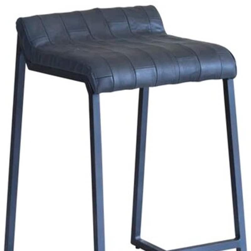 Grey Genuine Leather Upholstered Iron Low Back Counter Stool with Footrest - 20” x 17” x 27” (D x W x H)