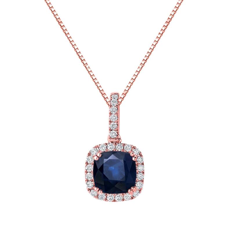 Auriya 2 1/2ct Cushion Cut Blue Sapphire and 3/5ctw Double Halo Diamond Necklace 14K Gold - Rose
