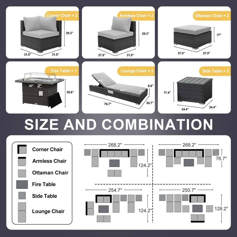 FINCATI 11 Pieces Patio Furniture Set Outdoor Sectional Sofa with Firepit Table