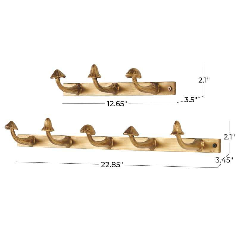 Metal Mushroom 8 Hanger Wall Hook - Set of 2 Gold - Roche River Decor - 3"W x 23"L x 2"H