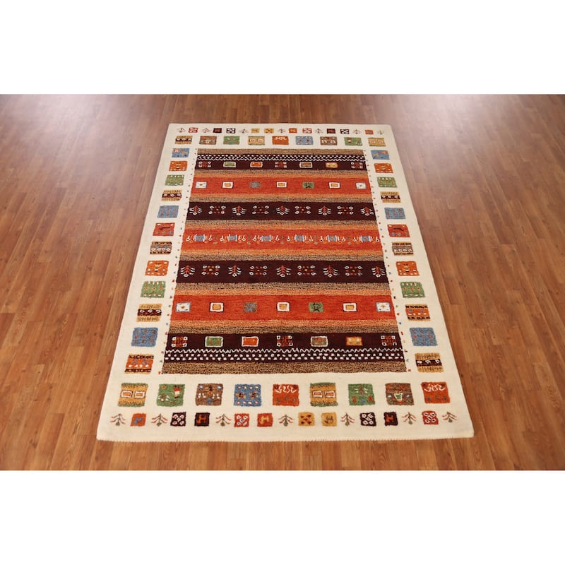 Tribal Geometric Gabbeh Indian Area Rug Orange Handmade Wool Carpet - 5'3" x 7'7"