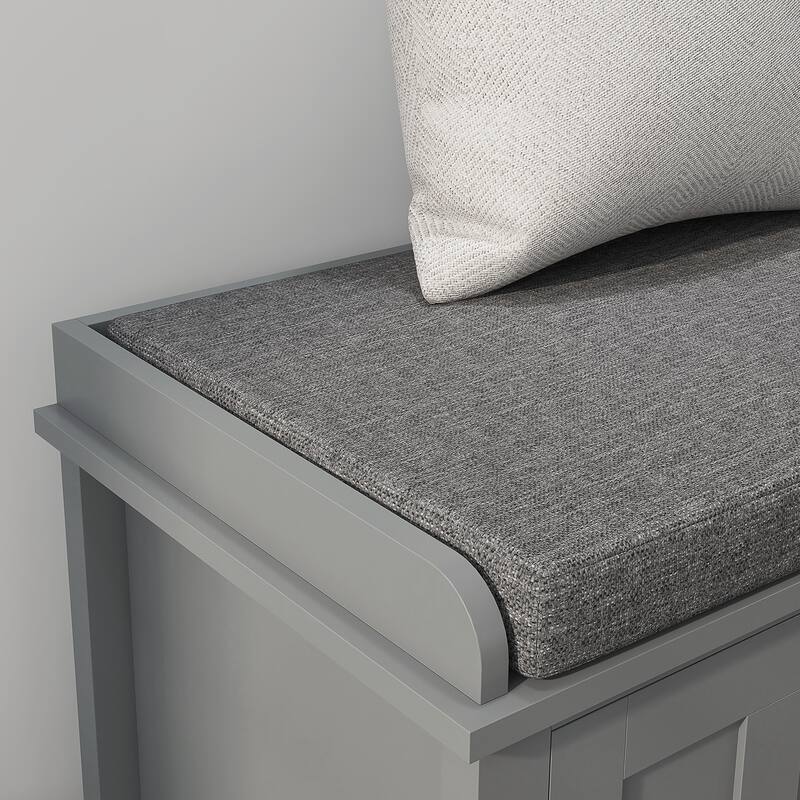 HOMCOM Entryway Shoe Bench Storage Ottoman with Adjustable Shelving, 6 Compartments, and Padded Seat, White/Grey