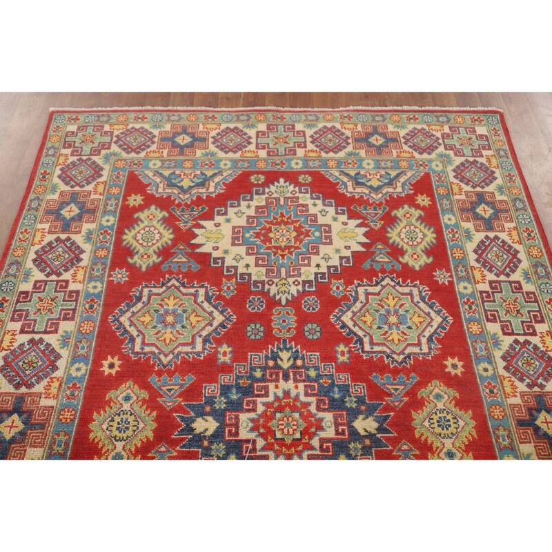 Geometric Red Kazak Area Rug Hand-Knotted Traditional Wool Carpet - 4'11" x 7'1"