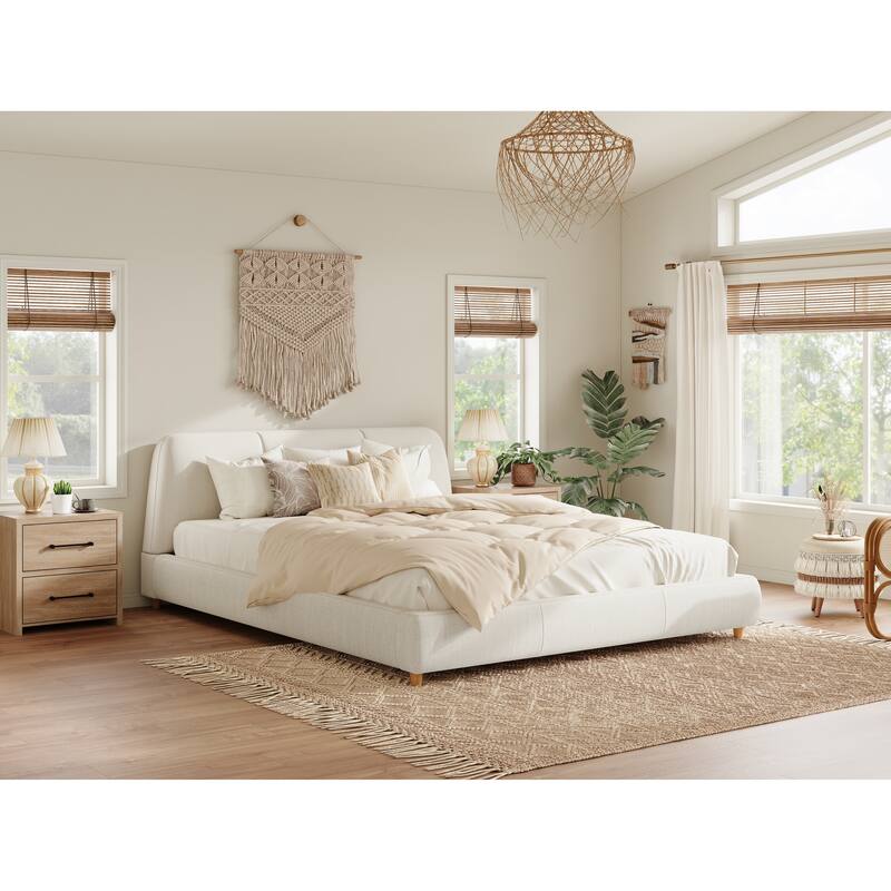 King Modern Upholstered Bed Frame, Linen Fabric, Solid Wood Legs, Elegant White