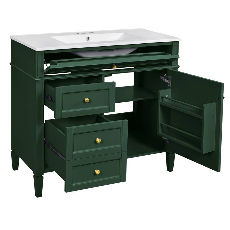 Modern Bathroom Vanity with Amber Storage, Ceramic Sink, 3 Drawers, Tip-Out Drawer, and Concealed Storage