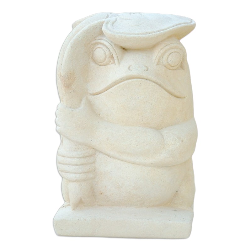 Handmade Frog with a Leaf Sandstone sculpture (Indonesia)