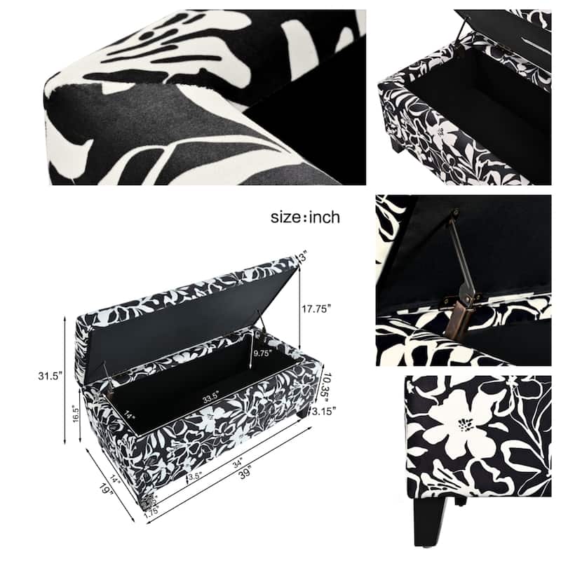 Storage Ottoman with Floral Patterned Fabric and Soft-Close Hinges, Multi-Functional Footrest & Seat