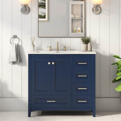 36 inch MDF Freestanding Bathroom Vanity Set in Blue with Integrated Resin Sink - 36'' x 18'' x 34''