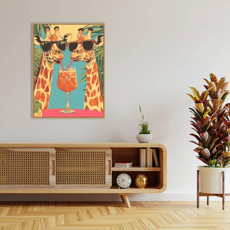 Giraffes Sharing a Drink by Andreas Magnusson Framed Canvas Wall Art