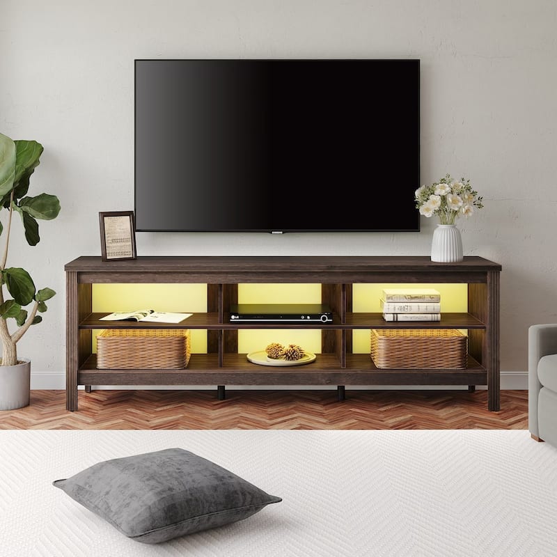 LED TV Stand for 65-75 Inch TV, TV Console with Warm White LED Light - Fit 32-75" TV - Walnut Brown