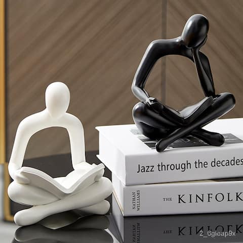 Curata Home Set of 2 Large Black and White Resin Abstract Thinker Figurines - 10" x 7" - Medium