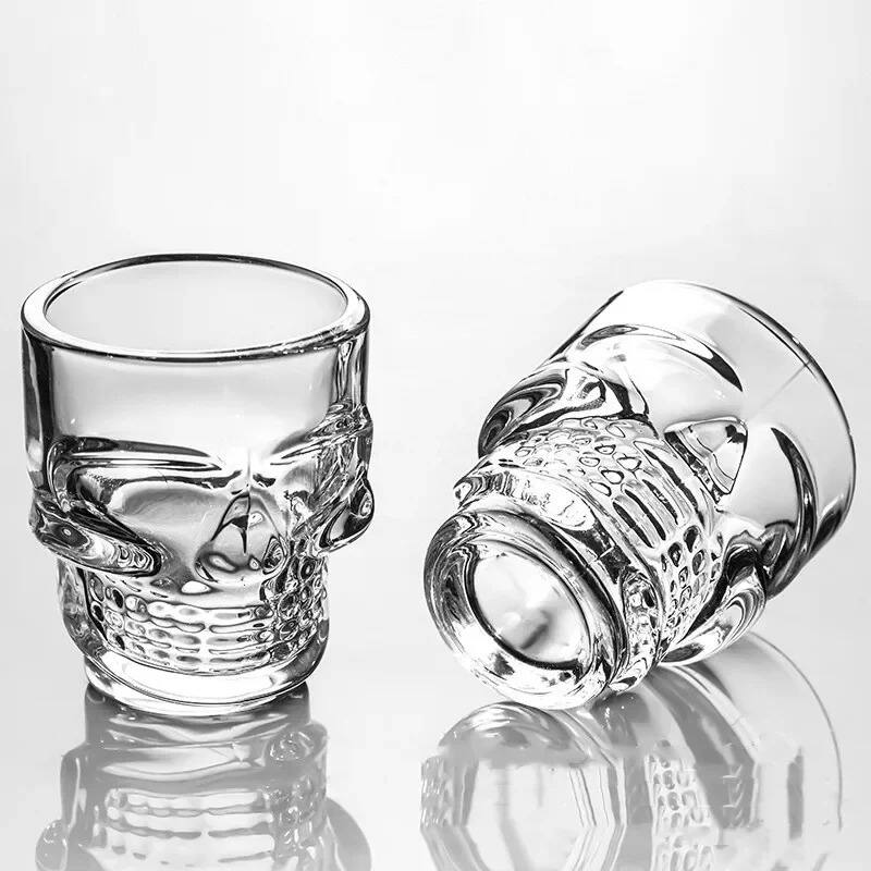 Skull-Shaped Shot Glasses Set of 6, 1.75oz - Glass Novelty Drinkware for Halloween, Parties, and Barware