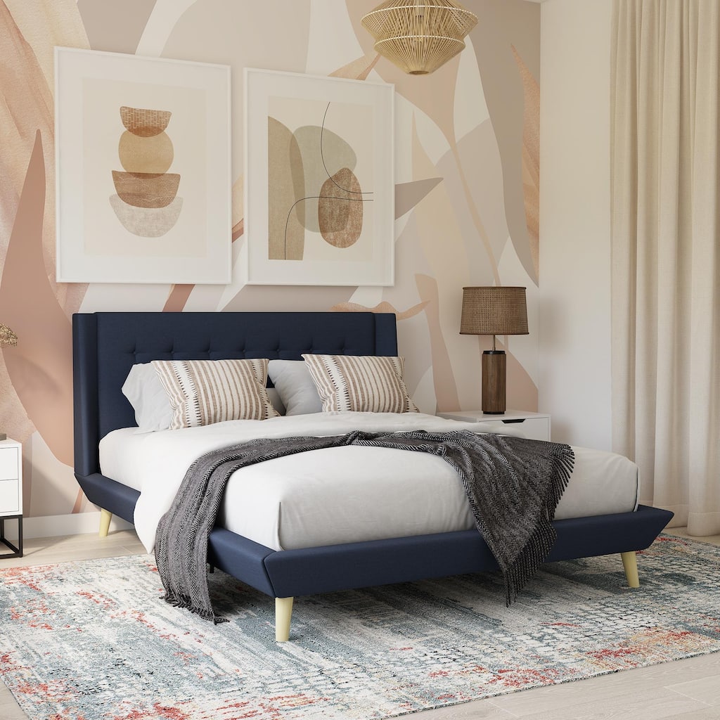 Queen Upholstered Bed with Tufted Wingback Headboard and Wooden Frame